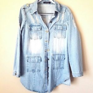 Long Destressed Denim Jacket